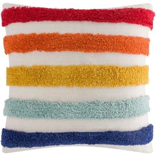 JWH Colorful Stripe Throw Pillow Cover Decorative Terry Embroidery Accent Pillow Case Geometric Cushion Lines Pillowcase for Bedroom Bed Car Couch Chair 18x18 Inch Red Yellow Blue