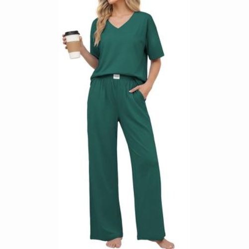 Ekouaer Women' Cotton Pajama Sets Soft Short Sleeve Pjs Long Pants Set Breathable Sleepwear Loungewear Green L