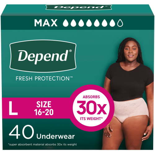 Depend Fresh Protection Incontinence Underwear for Women, Adult Diapers, L, 40 Count