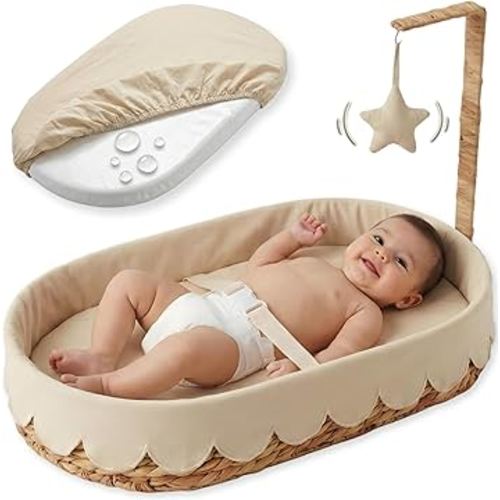 Premium Baby Changing Basket – Handwoven Wicker Basket for Baby – Waterproof Pad + Linen Cover – Scalloped Changing Basket for Baby Dresser - Moses Basket Bassinet -