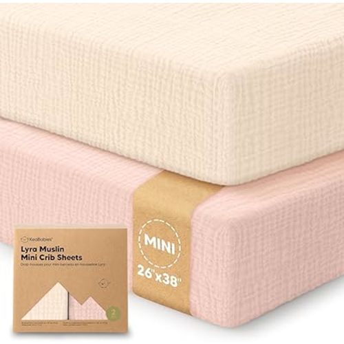2-Pack Muslin Mini Crib Sheets for Boys, Girls - 38x26 Pack and Play Sheets Fitted, Organic Cotton, Compatible with Graco Pack N Play Mattress, Neutral Toddler Playard Bedding, Soft Breathable (Cameo)