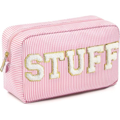 Sanwuta Seersucker Cosmetic Bags Stuff Chenille Letter Bag Seersucker Makeup Bags Stripe Pouch Large Preppy Storage Pouch Toiletry Travel Organizer for Women Girls Gift