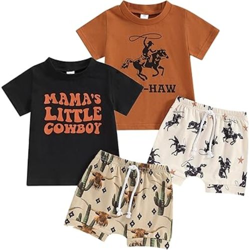 Baby Cowboy Outfits Toddler Western Cow Print Short Sleeves Shirt+Elastic Shorts Baby Boy Casual Summer Clothes Set