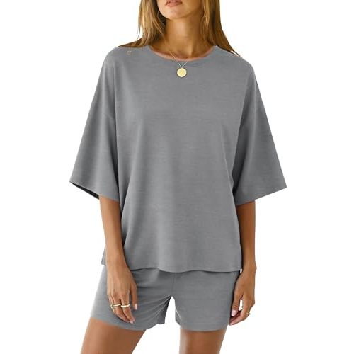 LOMON Two Piece Sets for Women Summer 3/4 Sleeve Tops and Elastic Waist Shorts Pajamas Cute Comfy Soft Lounge Striped Pjs