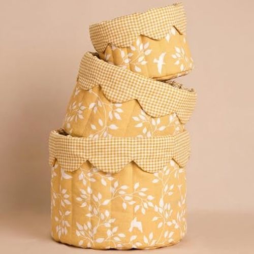 3 Set Boho Fabric Quilted Storage Basket Boho Nursery Laundry Basket Toddler Soft Cotton Collapsible Baby Hamper Yellow Floral Bird Print Toy Storage Bin for Home Car Bedroom Organizer