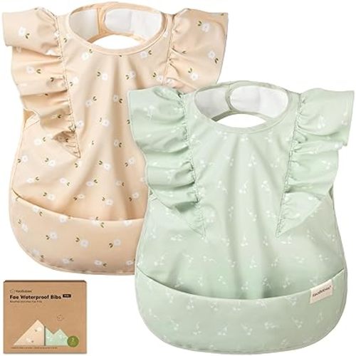 KeaBabies Waterproof Bibs for Baby Girl,Boy – 2-Pack Lightweight, Large Baby Bibs for Eating, Wearable Food Catcher, 6-12 Months Infant Feeding Essentials, Smock for Toddlers 1-3, Kids (Bloom)