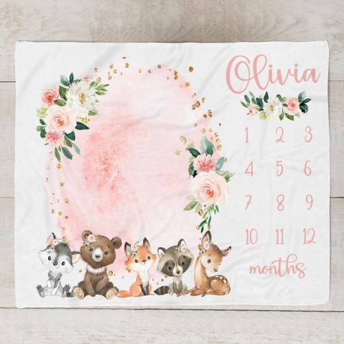 Baby Girl Woodland Animal Milestone Blanket, Floral Month Blanket Forest Creatures, Personalized Baby Girl Blanket, Baby Shower Gift SM573
