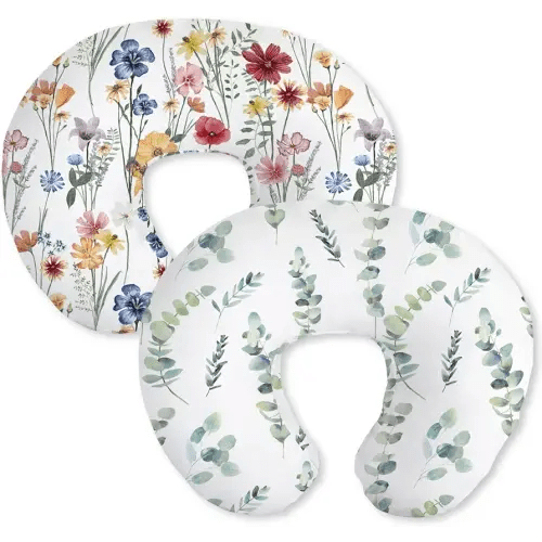 Little Grape Land Nursing Pillow Covers 2 Pack, Soft & Breathable Removable Breastfeeding Pillows Covers for Feeding Pillows, Nursing Pillow Slipcover for Baby Girls Boys, (Leaves & Flowers)