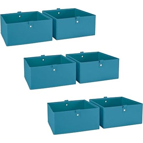 RiverRidge Kids 6pc Folding Storage Bins Set - 10.5”W x 5”H Fabric Boxes with Handles for Closet Organizers and Storage - Turquoise Cube Storage Organizer for Toys, Clothes & Crafts - Fits Shelves