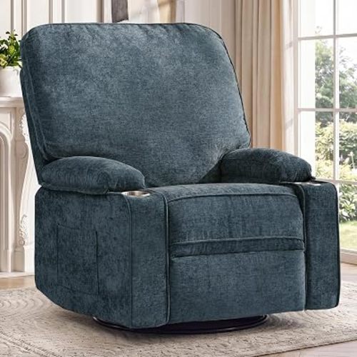 Korser Recliner Chair, Nursery Rocking Chairs for Adults, 360° Swivel Rocker Recliner with Cup Holder, Overstuffed Glider Rocking Chair for Living Room, Manual Recliner with Side Pockets, Chenille