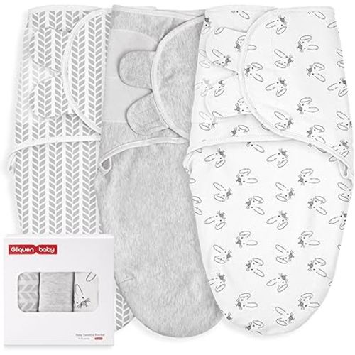 GLLQUEN BABY 3 Pack Newborn Swaddle - Baby Swaddle 0-3 Months for Baby Boys and Grils, Adjustable Sleep Sack for Newborns, Stripes & Bunnies, Swaddling Blankets