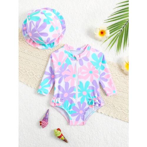 Newborn Baby Swimwear In Macaron Color Scheme, Pink Purple Light Green Light Pink Contrasting Colorful Daisy Full Print Pattern, Soft Elastic Quick Drying Fabric, Skin Friendly And Non Irritating Long Sleeved Jumpsuit, Zipper Open Hem Contrasting Lotus Le