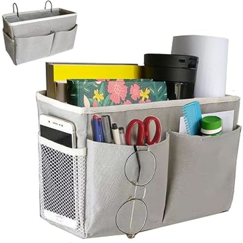 Bedside Caddy, Bedside Hanging Storage Organizer for College Dorm Bed, Bunk and Hospital Beds, Can be Placed Books, Phones,Keys, Glasses，Magazine Holder (Grey, 1)