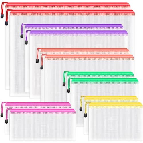 Umriox Zipper Bags, 6 Assorted Size (6 Colors, 12 Packs), Project Bags for Cross Stitch, Mesh Zipper Pouch for Office Supplies Travel Accessories and Board Games Storage