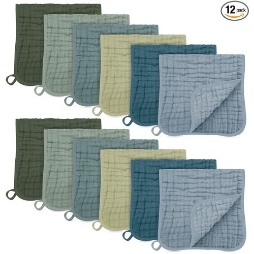 SWEET DOLPHIN 12 Pack Muslin Burp Cloths Large 100% Cotton Burping Clothes for Baby Drool - Absorbent and Soft Boys & Girls Milk Spit Up Rags for Newborn Essentials Registry - Ocean Dip