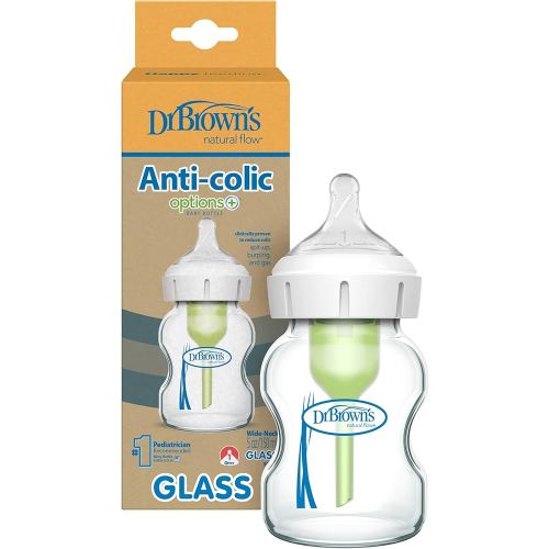Dr. Brown's Natural Flow Anti-Colic Options+ Wide-Neck Glass Baby Bottle 5 oz/150 mL, with Level 1 Slow Flow Nipple, 1 Pack, 0m+