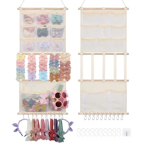 Bow Holder Hair Clip Organizer Headband Holder w/Mesh Pockets