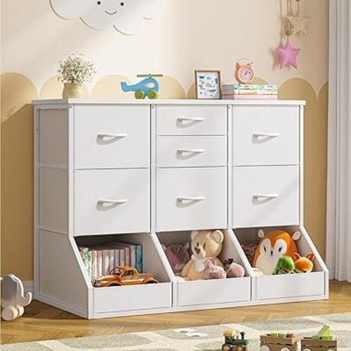 White Dresser for Bedroom, Fabric Dresser with 7 Drawers and 3 Open Cubbies, Cabinet Organizer,Chest of Drawers for Entryway,Hallway,Metal Frame & Wood Top,39.3" Wx17.7 Dx31.5 H