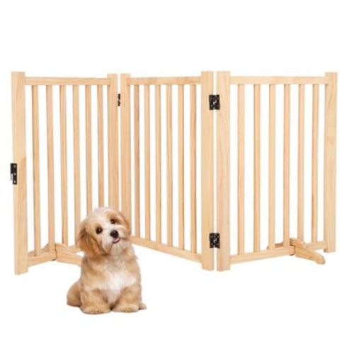 Wooden Freestanding Dog Gate, Collapsible Pet Gate with Support Feet, Indoor Dog Fence for The House,Doorways, Stairs -3 Panel H:24”
