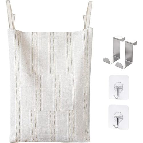AELS Farmhouse Hanging Laundry Hamper with 2 Hooks, Boho Beige & Brown Stripes Laundry Bag with Zipper & Wide Open Top, Over the Door Organizer for Dirty Clothes, Washable Space Saving Storage