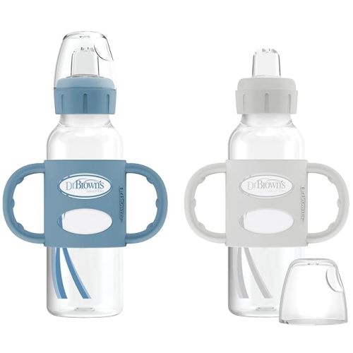 Dr. Brown's Milestones Narrow Sippy Spout Bottle with 100% Silicone, Easy-Grip Handles and Soft Sippy Spout, 8oz/250mL, Light-Blue and Gray, 2-Pack, 6m+