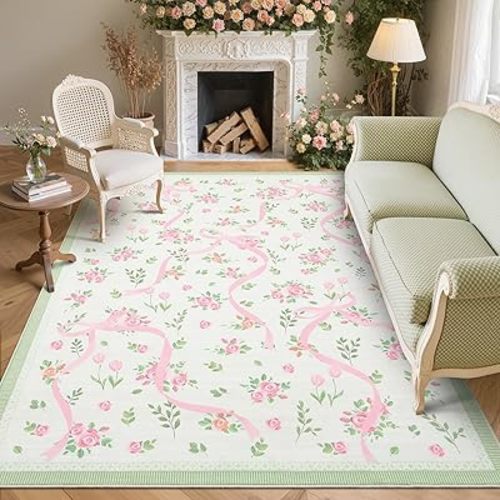 GarveeHome Coquette Pink and Green Bow Rugs for Bedroom Girls, 5x7 Area Rugs for Living Room with Soft Low Pile, Non Slip Floral Washable Rug 5x7 for Nursery Kids Playroom Dining Room College Dorm Rug