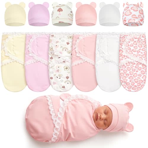Ramede 6 Pack Preemie Swaddle with Hat, 100% Cotton, Lace, Light Color