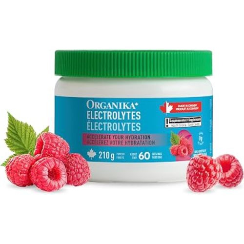 Organika Canadian-Made Electrolytes Powder with Vitamin C & Prebiotic Fibre - Sugar-Free Hydration Drink Mix - Wild Raspberry - 210 g - 60 servings