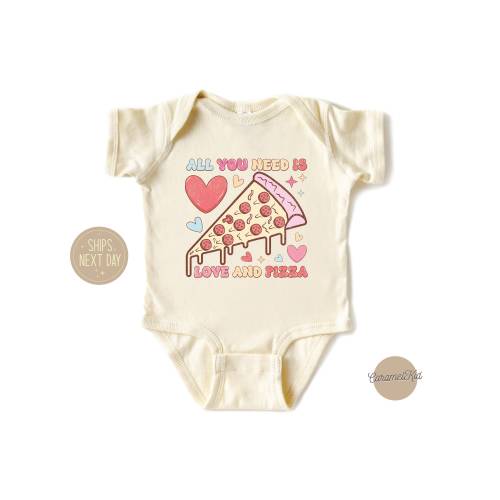 All You Need is Love and Pizza Baby Bodysuit, Retro Cartoon Heart Pizza Toddler Shirt, Natural Kids Tee, Funny Infant Valentine's Raglan Tee