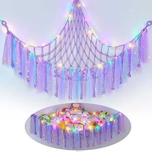 FIOBEE Stuffed Animals Net or Hammock with LED Light, Toy Hammock Hanging Stuffed Animals Storage Organizer Holder Room Décor for Nursery Kids Bedroom