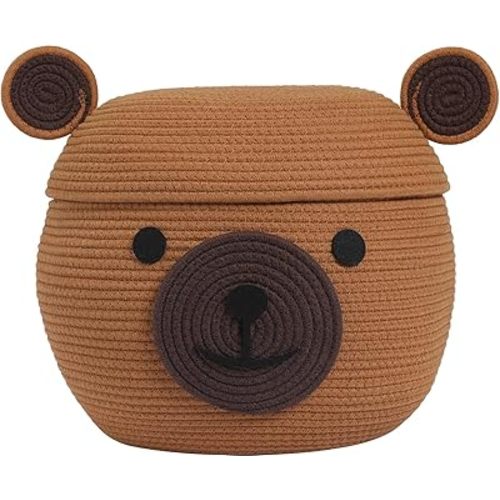 Handcrafted Animal Inspired Basket with Lid | Cotton Storage Solution for Organization in Bedroom | Perfect Organizer for a Shower or Retreat, Orange Brown Bear, 15"x12"
