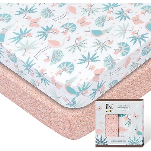 100% Cotton Crib Fitted Sheets for Baby Girls, Flamingo - Breathable Toddler Bed Sheet Set - Jungle Leaves, 28x52 with 8" Deep Pocket, White-Pink, 2 Pack