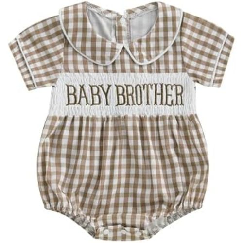 Baby Brother Romper Infant Boy Letter Print Bubble Rompers Gingham Babydoll Collar Short Sleeve Smocked Bodysuit