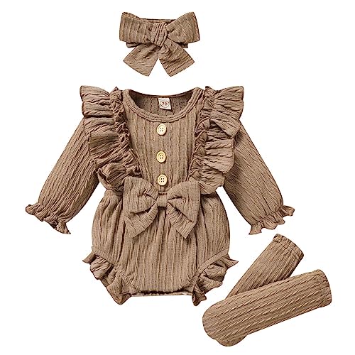GRNSHTS Newborn Baby Girl Clothes Ruffle Solid Sweater Long Sleeve Romper+Hairband+Socks 3Pcs Fall Winter Outfits