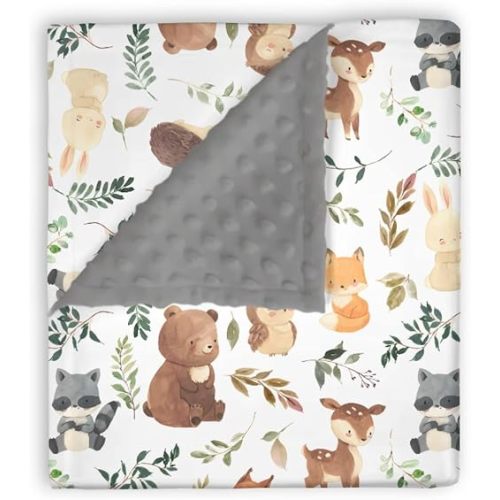 Mink Baby Boy Girl Blanket Woods Forest Animal Friends, Gray Bear Deer Owl Fox Soft Double Layer Dotted Backing Receiving Swaddle, Newborn Infant Toddler Nursery Crib Bedding Shower Gift 30x40
