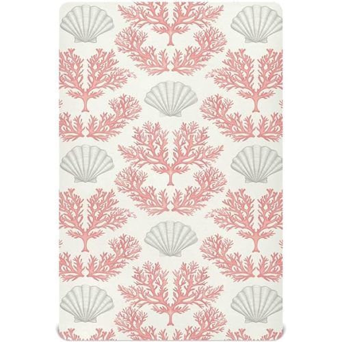 Pink Coastal Seashell Coral Fitted Crib Sheets Stretchy Portable Playard Sheets for Baby Toddler, Breathable Soft Mini Crib Mattress 52 x 28 in for Boys and Girls