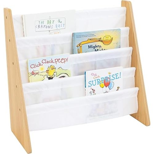 Humble Crew 4-Tier Kids Bookshelf, Natural Wood/White - Premium Book Shelf for Kids Rooms with Four Deep Pockets - Toddler Sling Book Rack with Deep Sleeves, Nursery Bookcase Organizer