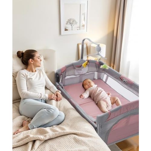 Soobaby 5 in 1 Baby Crib,Bedside Sleeper,Bassinet,Pack and Play with Bassinet and Changing Table,Portable Travel Playpen Music Box,Portable Travel Crib for Infant Newborn (Pink Gray)