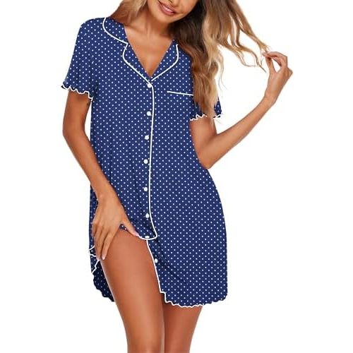 Ekouaer Nightgowns for Women Button Down Sleep Shirt Short Sleeve NightShirts Boyfriend Sleepdress Soft Pajama Dress