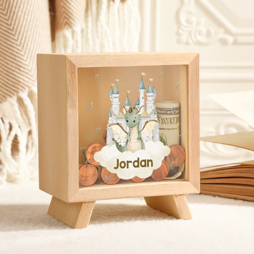 Personalized Cartoon Dragon Castle Initial Wood Clear Money Box Piggy Bank with Name Birthday for Kids - CALLIE