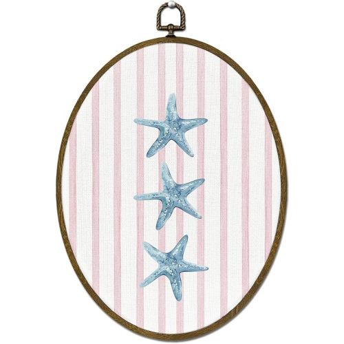 LLOKARNORA Preppy Coastal Starfish Oval Canvas Wall Art, Trendy Pink Blue Starfish Framed Wall Art Decor, Beach Ocean Girly Striped Prints Hanging Decor for Nursery Bedroom Bathroom, 8.7x11.3 Inch