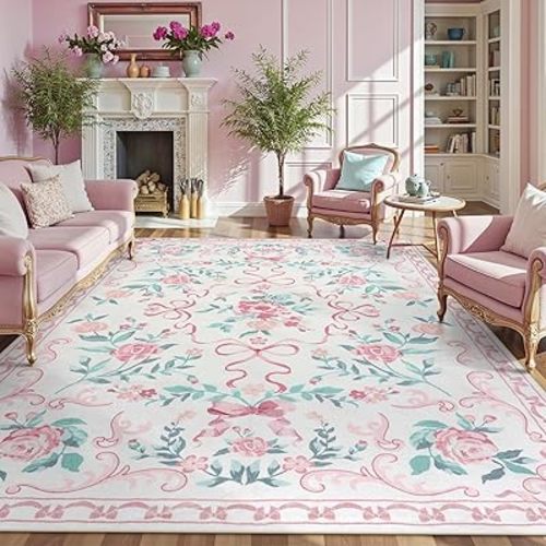 Collive Pink 8X10 Rugs for Living Room, 8x10 Bow and Floral Washable Area Rug Non Slip, Soft Boho Indoor Decor Elegant Carpet for Bedroom Kids Room Nursery Dining Room