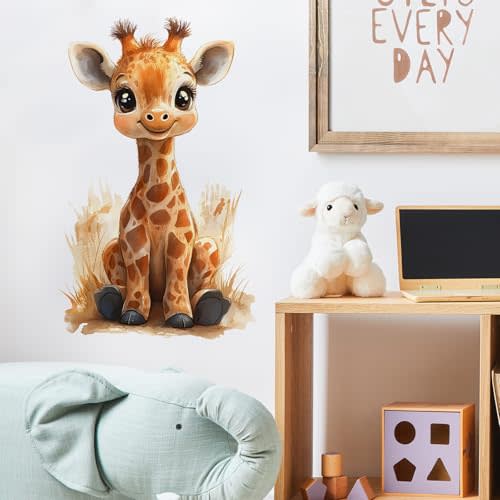 Baby Giraffe Wall Decal African Animal Wall Sticker | Removable, waterproof, vinyl peel and stick watercolor wall art for nursery, kids bedroom, playroom, and bedroom