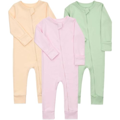 Aablexema Baby Cotton Footless Pajamas with Mitten, 3-pack Infant Romper Zip Up One Piece Jumpsuits Outfit