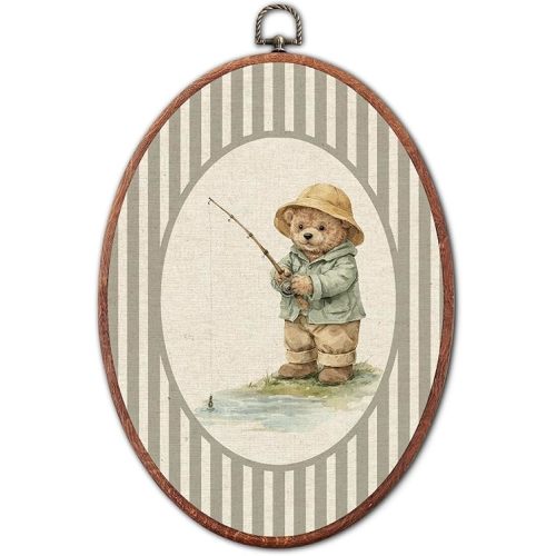 Vintage Bear Fishing Nursery Oval Wall Art Framed, Grey Striped Sports Framed Canvas Prints, Unique Retro Boy or Girl Gift Hanging Wall Decor for Kids Toddler Room Bedroom Playroom, 8.6x11.4 Inch