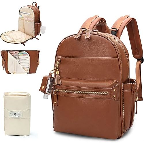 Diaper Bag Backpack Leather Diaper Bag by miss fong, Baby Diaper Bag for Baby Girls & Boys, 16 Pockets Diaper Bag Organizer with Hand Sanitizer Holder, Changing Pad, 2 Insulated Pockets
