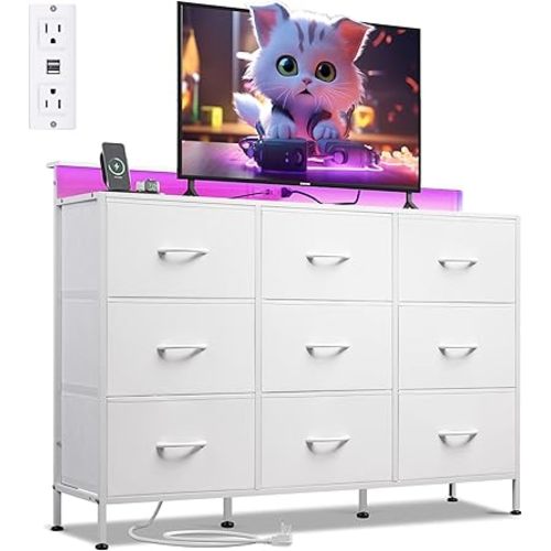 WLIVE White TV Stand for 45, 50, 55 inch TV, Entertainment Center with LED Lights & Charging Station, TV Media Console Table with 9 Fabric Drawers and Open Shelves for Living Room, Hallway, Wood Top