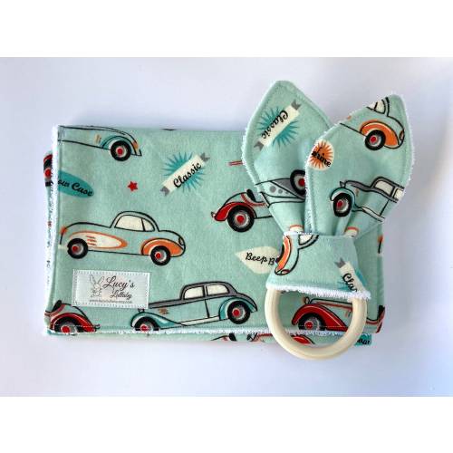 Classic Cars Baby Gift Set – Handmade Burp Cloth & Teething Ring