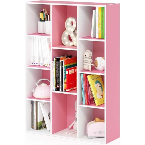 Furinno LUDER Book Shelf, 11-Cube Bookshelf, Reversible Bookcase, 9.4 x 29.1 x 41.7, Easy Assembly, for Living Room, Bedroom, Home Office, White/Pink