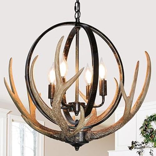 Antler Chandelier 4-Light for Dining Room, Large Deer Chandelier Fixtures with Retro Metal Globe and Resin 4 Antlers, Adjustable Farmhouse Chandeliers for Living Room Island Kitchen Bedroom Cabin